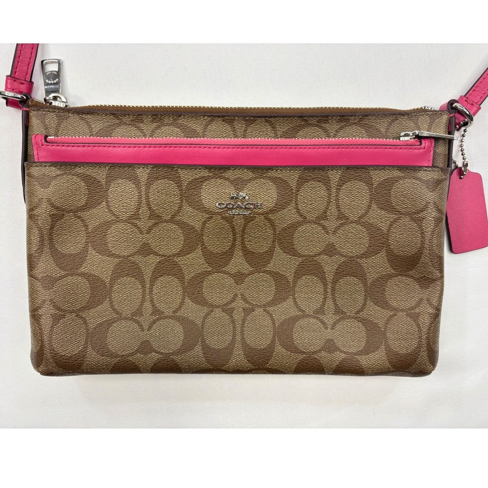 Coach Crossbody Bag w/ Pop Up Pouch CrossGrain Leather F58316-Khaki & Pink